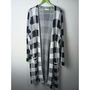 89th + Madison Womens 2X Buffalo Plaid Longline Cardigan Black White Duster Knit